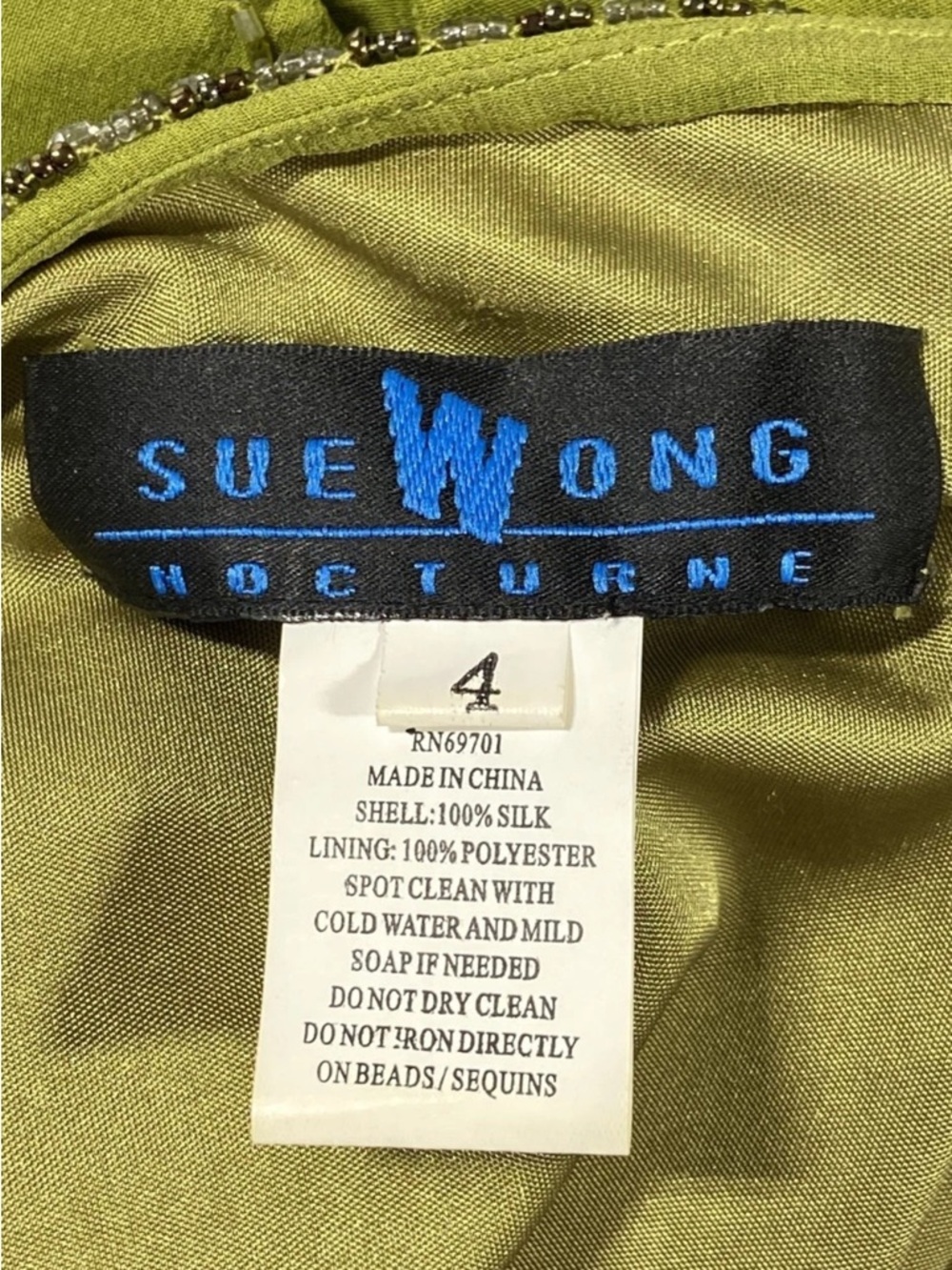 Sue Wong Olive Green Beaded Handkerchief-Hem Fairycore Slip Dress - Picture 4 of 8